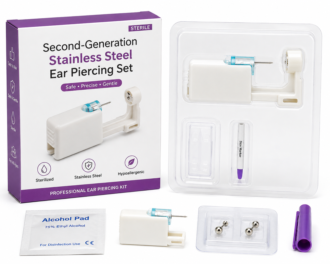 Second-Generation Stainless Steel Ear Piercing Set